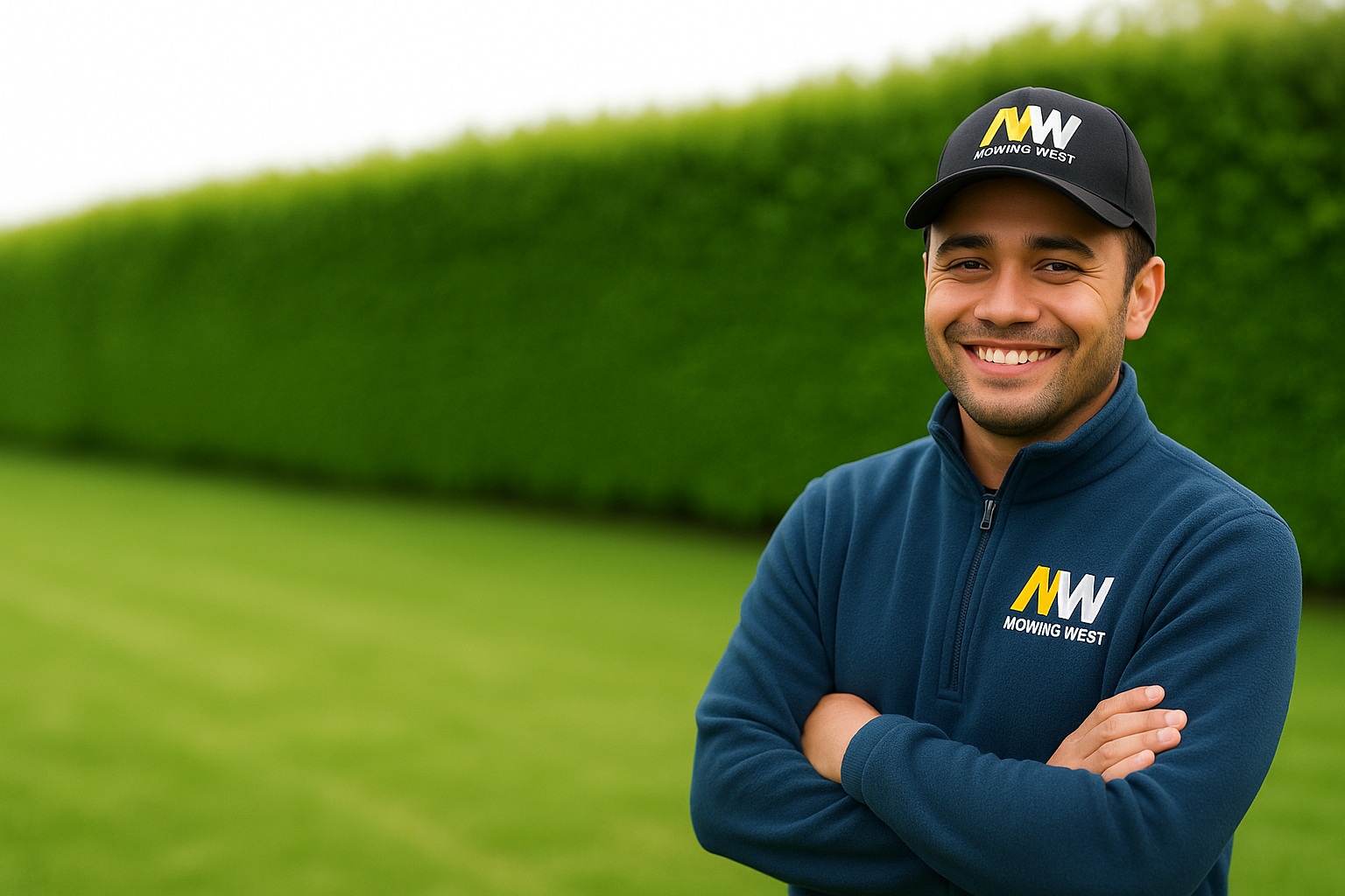 Mowing West professional providing lawn mowing service to a West Auckland property - maintaining pristine grass with commercial-grade equipment